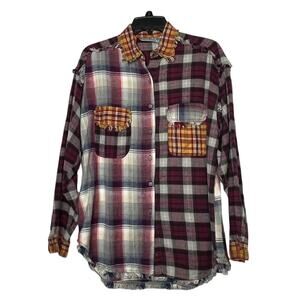 Bonjour Women's Vintage Plaid Flannel Button Down Grunge Shirt Size Large